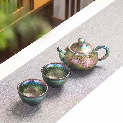 Jianzhan creative tea pot kiln change pottery pot with matching tea cup Chinese kungfu tea set Tianmu glaze on sales in China