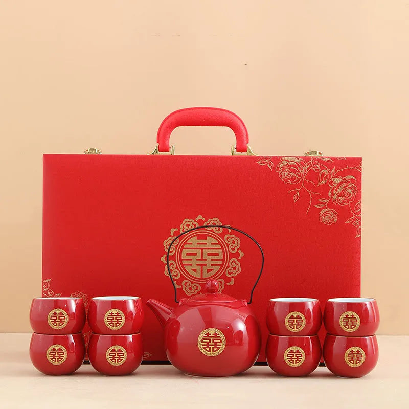 Jin Shuangxi Lifting Beam Pot Wedding Tea Set Wedding Red Mouth Modification Jingcha Cup Wedding Tea Pot Wedding Supplies
