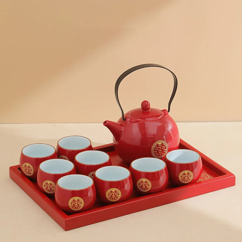 Jin Shuangxi Lifting Beam Pot Wedding Tea Set Wedding Red Mouth Modification Jingcha Cup Wedding Tea Pot Wedding Supplies