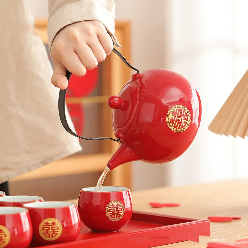 Jin Shuangxi Lifting Beam Pot Wedding Tea Set Wedding Red Mouth Modification Jingcha Cup Wedding Tea Pot Wedding Supplies