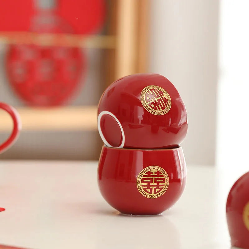 Jin Shuangxi Lifting Beam Pot Wedding Tea Set Wedding Red Mouth Modification Jingcha Cup Wedding Tea Pot Wedding Supplies