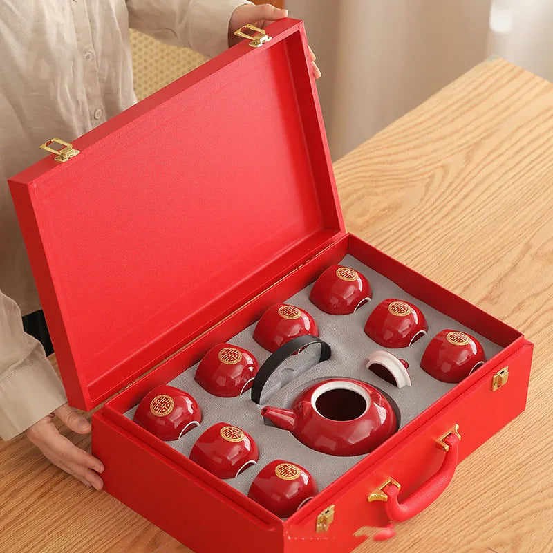 Jin Shuangxi Lifting Beam Pot Wedding Tea Set Wedding Red Mouth Modification Jingcha Cup Wedding Tea Pot Wedding Supplies
