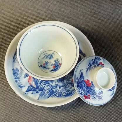 Jing De Zhen Antique Landsacape Clay Gaiwan Tea Cup Set Teaware Bowl For Tea Ceremony Coffee Mugs River Teacup Zen