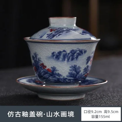 Jing De Zhen Antique Landsacape Clay Gaiwan Tea Cup Set Teaware Bowl For Tea Ceremony Coffee Mugs River Teacup Zen