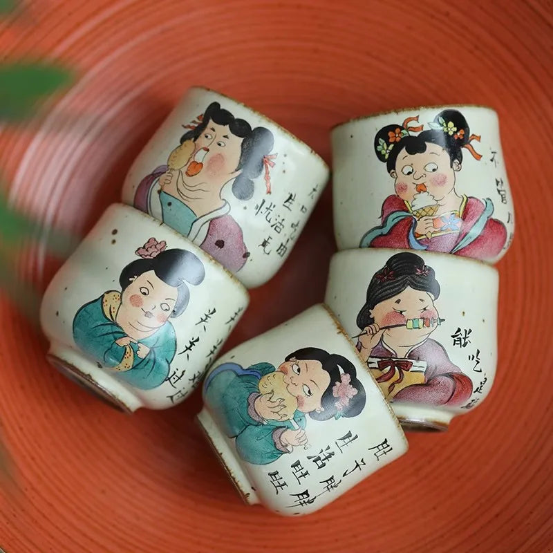 JingDe Zhen Antique Clay Rough Pottery Hand-painted Tang Dynasty Fat Beauty Tea Cup kung fu Tea Set Master tasting Teacup