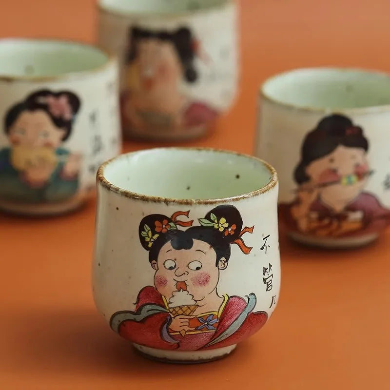 JingDe Zhen Antique Clay Rough Pottery Hand-painted Tang Dynasty Fat Beauty Tea Cup kung fu Tea Set Master tasting Teacup