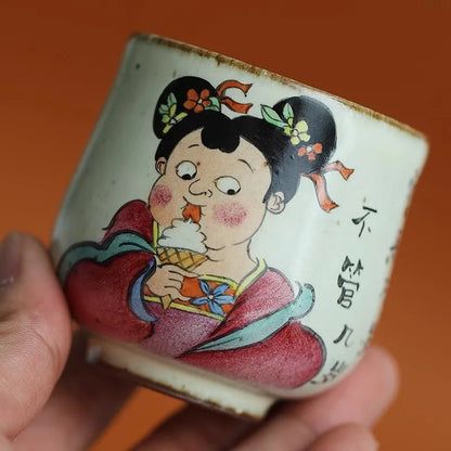 JingDe Zhen Antique Clay Rough Pottery Hand-painted Tang Dynasty Fat Beauty Tea Cup kung fu Tea Set Master tasting Teacup