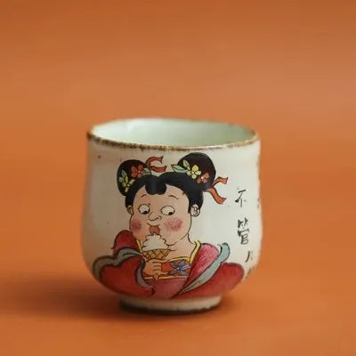 JingDe Zhen Antique Clay Rough Pottery Hand-painted Tang Dynasty Fat Beauty Tea Cup kung fu Tea Set Master tasting Teacup