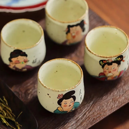 JingDe Zhen Antique Clay Rough Pottery Hand-painted Tang Dynasty Fat Beauty Tea Cup kung fu Tea Set Master tasting Teacup