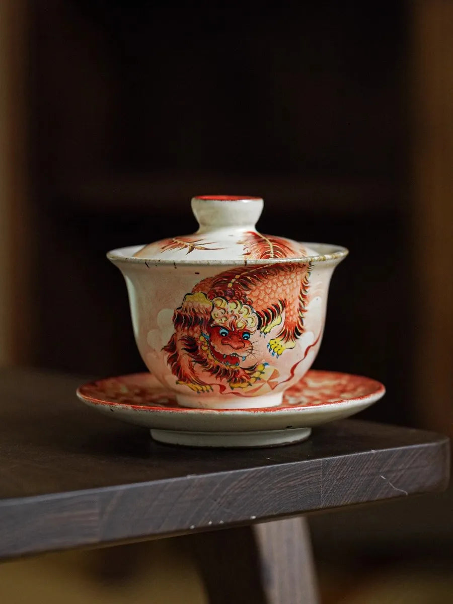 JingDe Zhen  Rough Pottery Hand-paint Ceramic Lion Sansai Gaiwan Brewing Tea Bowl Palace Style Glaze Color kung fu Tea Set