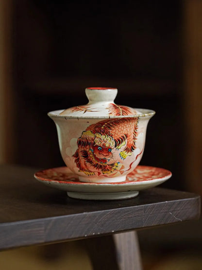 JingDe Zhen  Rough Pottery Hand-paint Ceramic Lion Sansai Gaiwan Brewing Tea Bowl Palace Style Glaze Color kung fu Tea Set