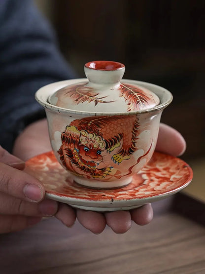 JingDe Zhen  Rough Pottery Hand-paint Ceramic Lion Sansai Gaiwan Brewing Tea Bowl Palace Style Glaze Color kung fu Tea Set