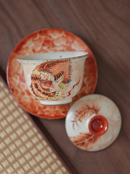 JingDe Zhen  Rough Pottery Hand-paint Ceramic Lion Sansai Gaiwan Brewing Tea Bowl Palace Style Glaze Color kung fu Tea Set