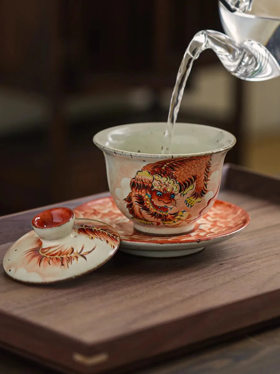 JingDe Zhen  Rough Pottery Hand-paint Ceramic Lion Sansai Gaiwan Brewing Tea Bowl Palace Style Glaze Color kung fu Tea Set