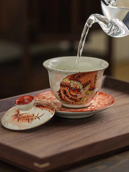 JingDe Zhen  Rough Pottery Hand-paint Ceramic Lion Sansai Gaiwan Brewing Tea Bowl Palace Style Glaze Color kung fu Tea Set