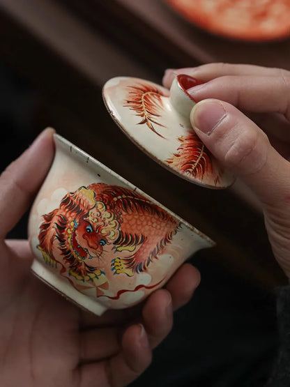 JingDe Zhen  Rough Pottery Hand-paint Ceramic Lion Sansai Gaiwan Brewing Tea Bowl Palace Style Glaze Color kung fu Tea Set