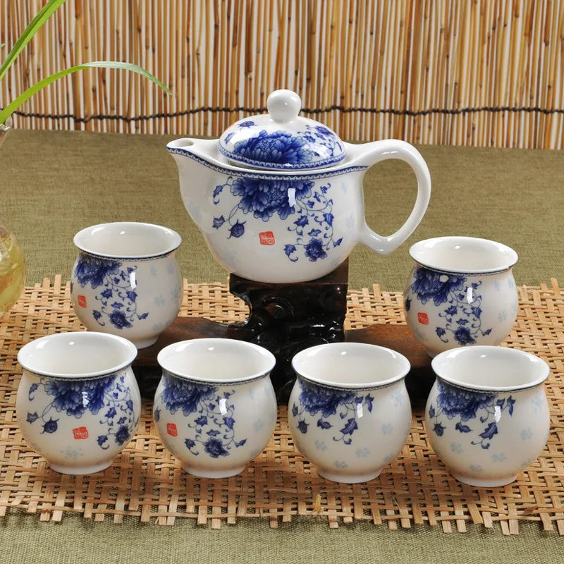 Jingdezhen 7Pcs Tea Set Blue and White Porcelain Double Wall Cup Creative Flower Dragon Moutain Teapot Kung fu tea set Teaware