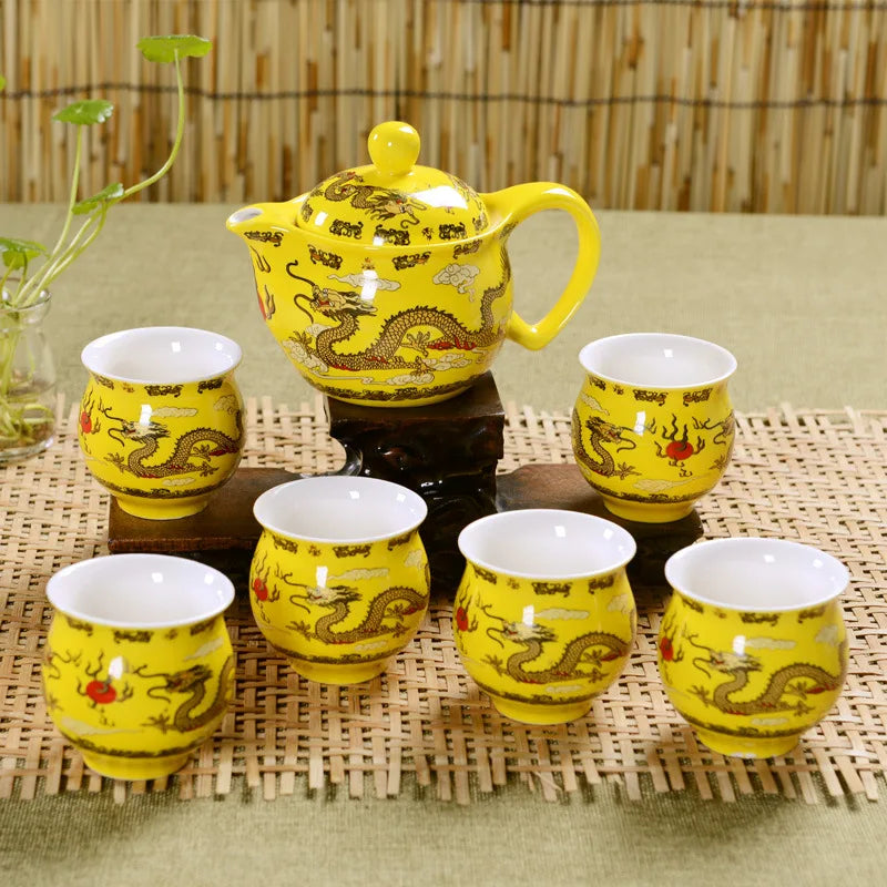 Jingdezhen 7Pcs Tea Set Blue and White Porcelain Double Wall Cup Creative Flower Dragon Moutain Teapot Kung fu tea set Teaware