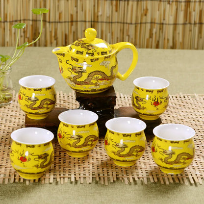 Jingdezhen 7Pcs Tea Set Blue and White Porcelain Double Wall Cup Creative Flower Dragon Moutain Teapot Kung fu tea set Teaware