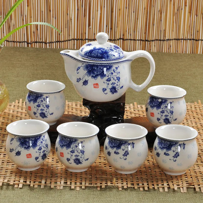 Jingdezhen 7Pcs Tea Set Blue and White Porcelain Double Wall Cup Creative Flower Dragon Moutain Teapot Kung fu tea set Teaware