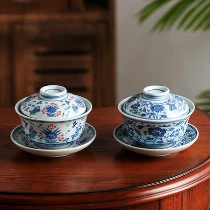 Jingdezhen Blue and White Porcelain Gaiwan Handmade Ceramic Teacup Travel Tea Bowl Chinese Teaware Drinkware Personal Cup 200ml
