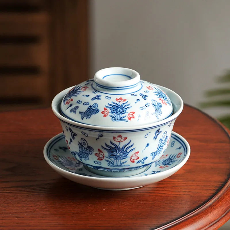 Jingdezhen Blue and White Porcelain Gaiwan Handmade Ceramic Teacup Travel Tea Bowl Chinese Teaware Drinkware Personal Cup 200ml