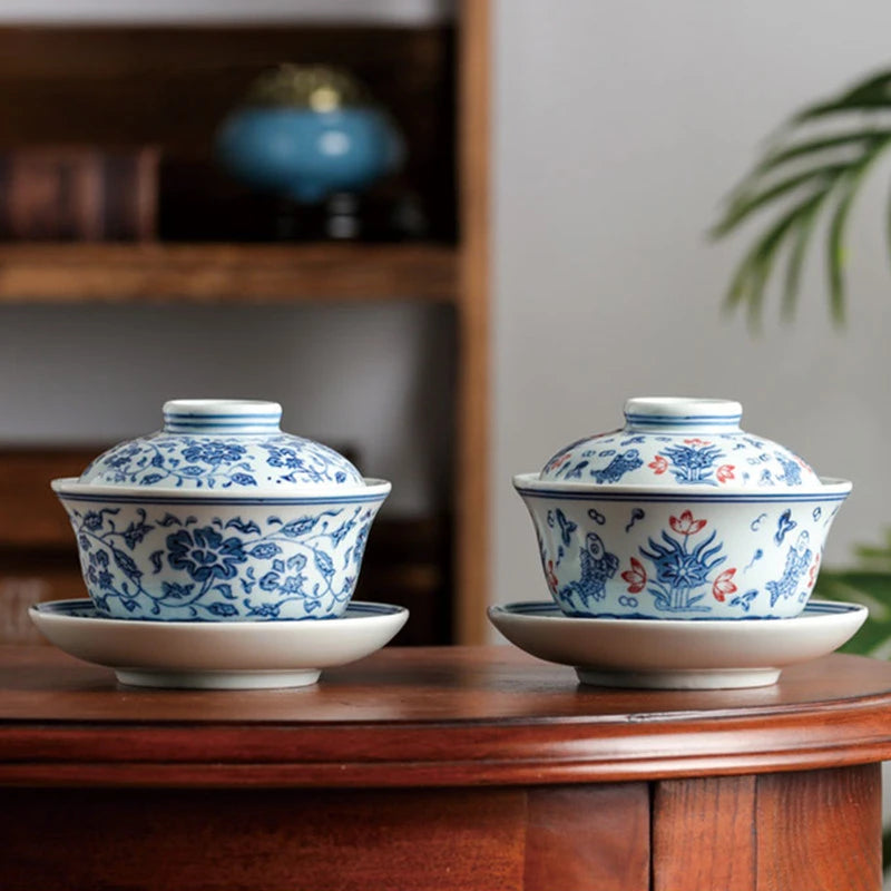 Jingdezhen Blue and White Porcelain Gaiwan Handmade Ceramic Teacup Travel Tea Bowl Chinese Teaware Drinkware Personal Cup 200ml