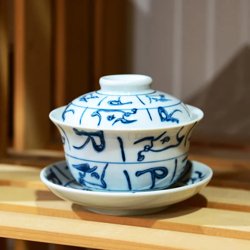 Jingdezhen Blue and White Porcelain Gaiwan Handmade Ceramic Teacup Travel Tea Bowl Chinese Teaware Drinkware Personal Cup 200ml