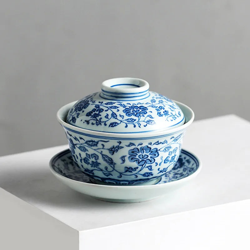 Jingdezhen Blue and White Porcelain Gaiwan Handmade Ceramic Teacup Travel Tea Bowl Chinese Teaware Drinkware Personal Cup 200ml