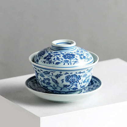 Jingdezhen Blue and White Porcelain Gaiwan Handmade Ceramic Teacup Travel Tea Bowl Chinese Teaware Drinkware Personal Cup 200ml