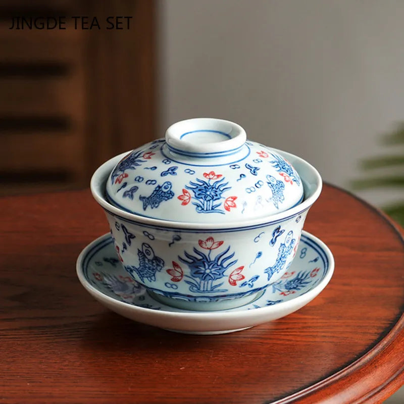 Jingdezhen Blue and White Porcelain Gaiwan Handmade Ceramic Teacup Travel Tea Bowl Chinese Teaware Drinkware Personal Cup 200ml