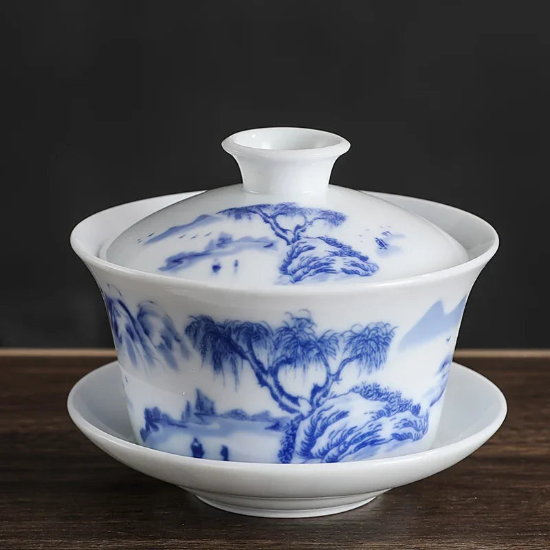 Jingdezhen Blue and White Porcelain Gaiwan Teacup Handmade Ceramic Tea Bowl Chinese Home Porcelain Teaware Drinkware 250ml