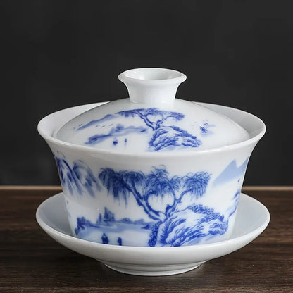 Jingdezhen Blue and White Porcelain Gaiwan Teacup Handmade Ceramic Tea Bowl Chinese Home Porcelain Teaware Drinkware 250ml