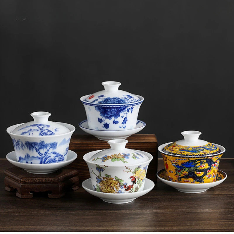 Jingdezhen Blue and White Porcelain Gaiwan Teacup Handmade Ceramic Tea Bowl Chinese Home Porcelain Teaware Drinkware 250ml
