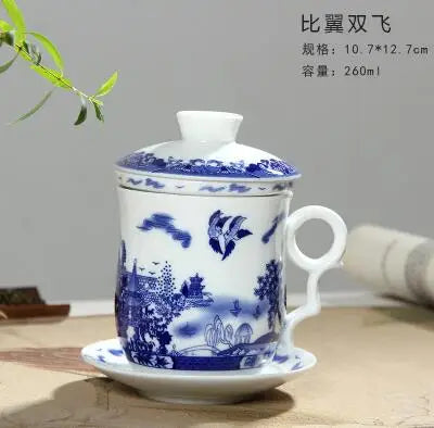 Jingdezhen-Blue and White Porcelain Tea Set, Four-Piece Set with Cover Filter, Tea Cup