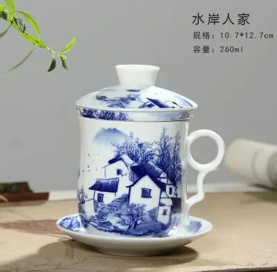 Jingdezhen-Blue and White Porcelain Tea Set, Four-Piece Set with Cover Filter, Tea Cup