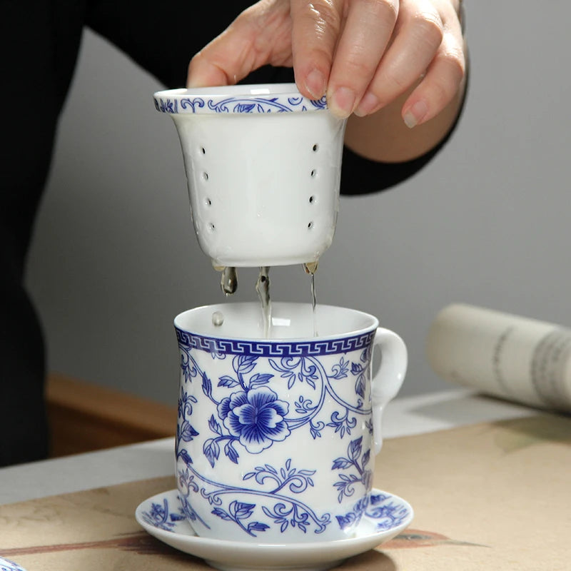 Jingdezhen-Blue and White Porcelain Tea Set, Four-Piece Set with Cover Filter, Tea Cup