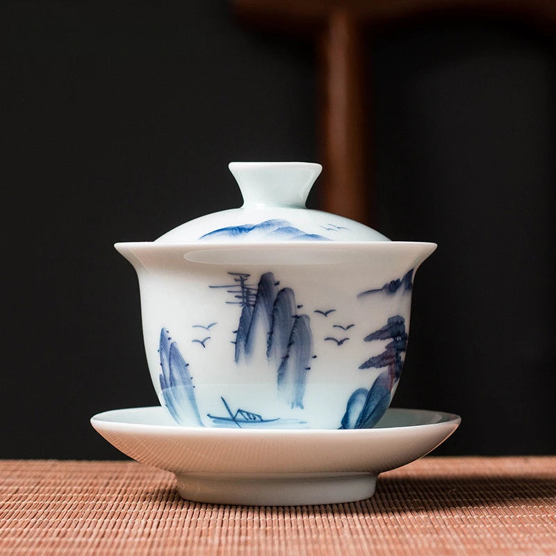 Jingdezhen Ceramic Gaiwan Chinese Blue and White Porcelain Tea Tureen Retro Handmade Tea Bowl Teacup Customized Teaware