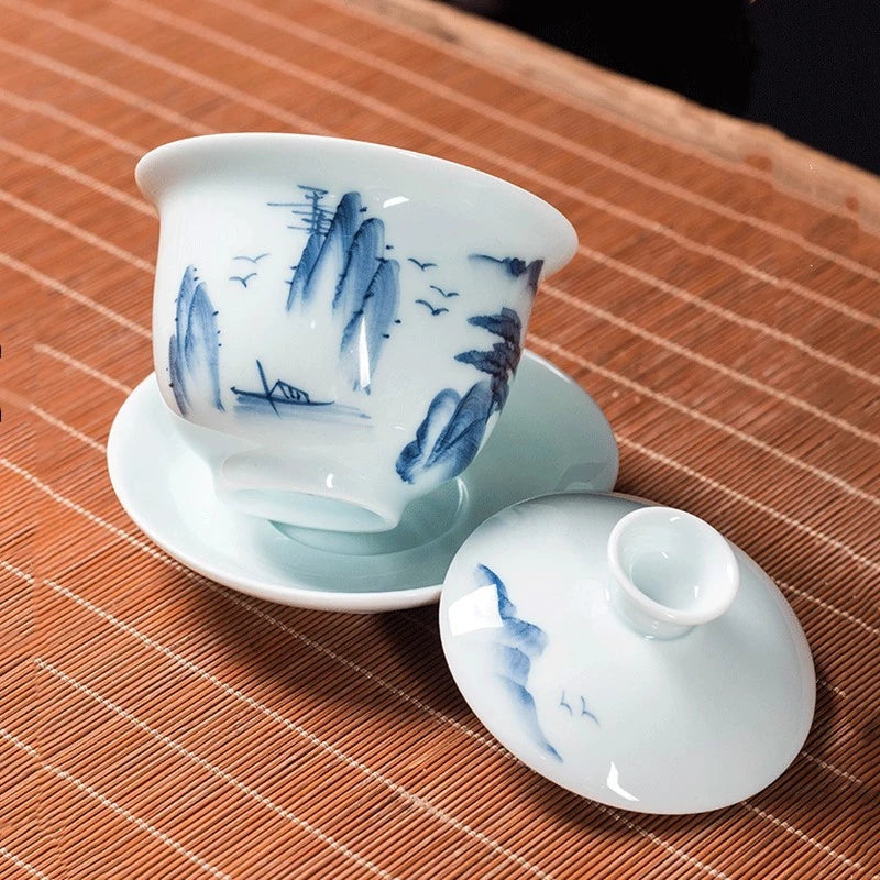 Jingdezhen Ceramic Gaiwan Chinese Blue and White Porcelain Tea Tureen Retro Handmade Tea Bowl Teacup Customized Teaware
