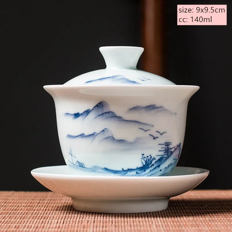 Jingdezhen Ceramic Gaiwan Chinese Blue and White Porcelain Tea Tureen Retro Handmade Tea Bowl Teacup Customized Teaware