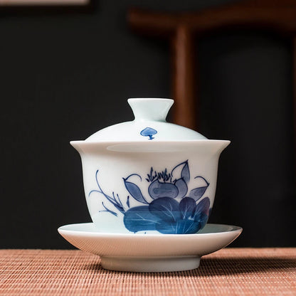 Jingdezhen Ceramic Gaiwan Chinese Blue and White Porcelain Tea Tureen Retro Handmade Tea Bowl Teacup Customized Teaware