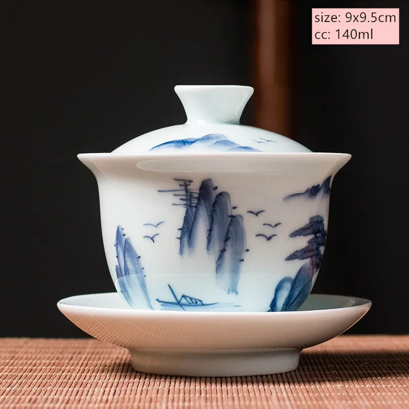 Jingdezhen Ceramic Gaiwan Chinese Blue and White Porcelain Tea Tureen Retro Handmade Tea Bowl Teacup Customized Teaware