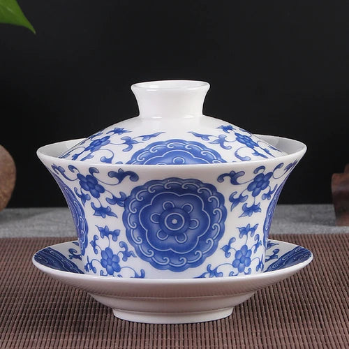 Jingdezhen Ceramic Gaiwan High Quality Sancai Tea Bowl Chinese Traditional Pattern Cover Bowl Blue and White Porcelain Tea Set