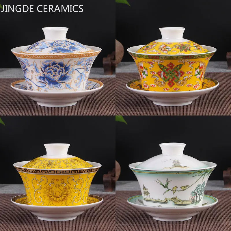 Jingdezhen Ceramic Gaiwan High Quality Sancai Tea Bowl Chinese Traditional Pattern Cover Bowl Blue and White Porcelain Tea Set
