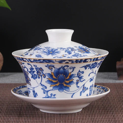 Jingdezhen Ceramic Gaiwan High Quality Sancai Tea Bowl Chinese Traditional Pattern Cover Bowl Blue and White Porcelain Tea Set