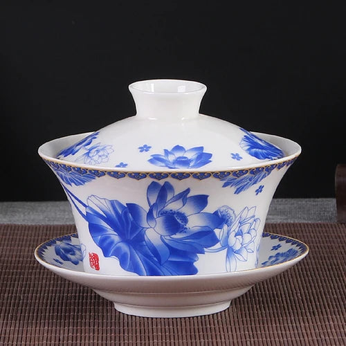 Jingdezhen Ceramic Gaiwan High Quality Sancai Tea Bowl Chinese Traditional Pattern Cover Bowl Blue and White Porcelain Tea Set