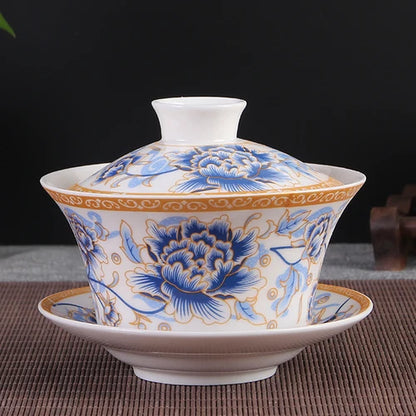 Jingdezhen Ceramic Gaiwan High Quality Sancai Tea Bowl Chinese Traditional Pattern Cover Bowl Blue and White Porcelain Tea Set