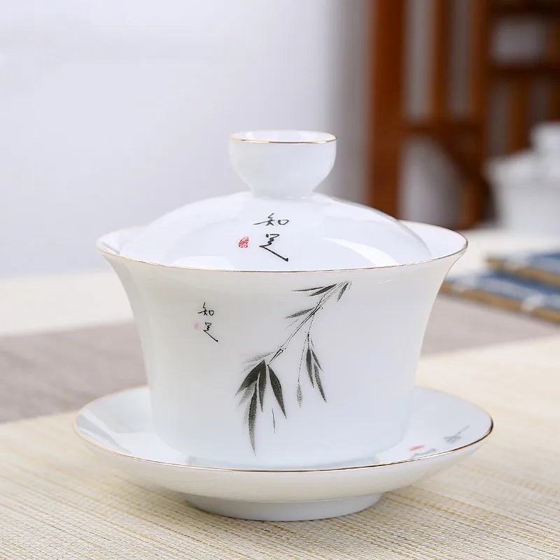 Jingdezhen Ceramic Gaiwan Tea Bowl White Porcelain Tea Maker with Cover Teacup Chinese Tea Set Supplies Household Drinkware