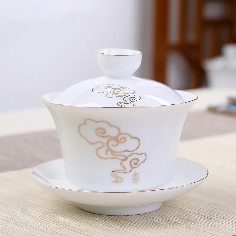 Jingdezhen Ceramic Gaiwan Tea Bowl White Porcelain Tea Maker with Cover Teacup Chinese Tea Set Supplies Household Drinkware