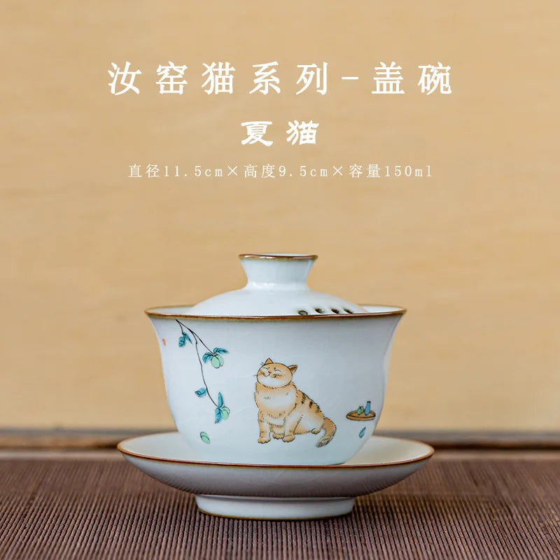 Jingdezhen Ceramic Gaiwan Teacup Handmade Tea Tureen with Filters Cute Cat Porcelain Tureen 150ml Kung Fu Tea Cups